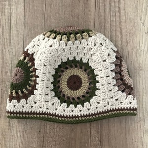 Handmade Granny Square Crochet Beanie: Off-White Winter Hat