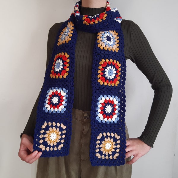 navy blue granny square scarf, afghan scarf, crochet colorful scarf, vintage scarf, crochet muffler, scarf, gifts for her