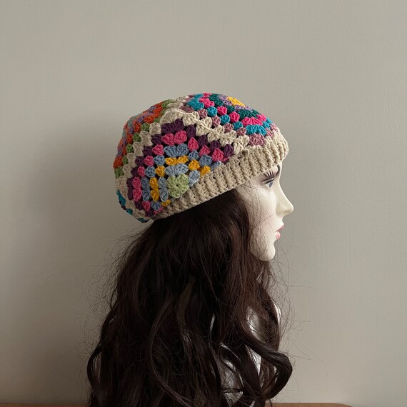 Black Granny Square Crochet Beanie: Slouchy Winter Hat - Etsy display picture 2