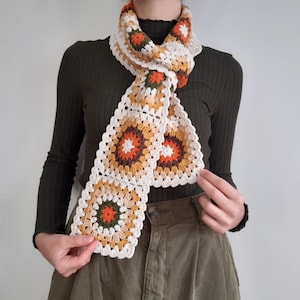 colorful granny square scarf,  afghan scarf, crochet colorful scarf, boho scarf, vintage scarf, crochet muffler, knit scarf, gifts for her