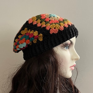 Black Granny Square Crochet Beanie: Slouchy Winter Hat