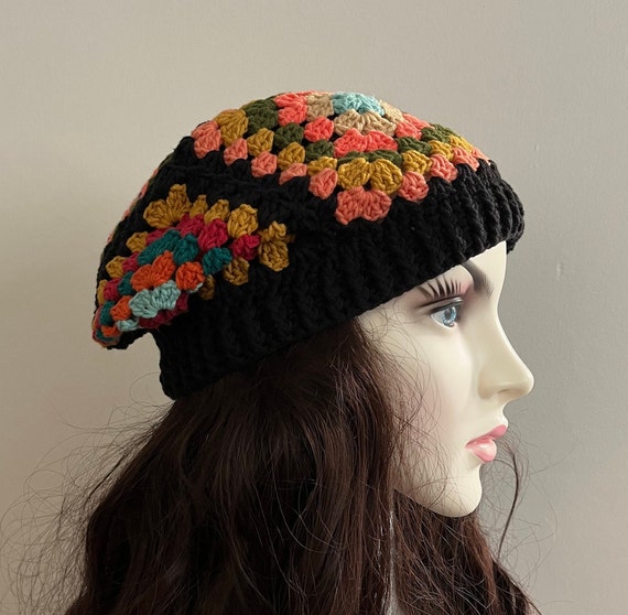 Black Granny Square Slouchy Beanie, Handmade By Me, Ask About Customs Custom Crochet Slouchy Beanie | Oversized Extra Long Sock  main image 4