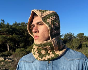 Handmade Granny Square Crochet Balaclava: Green Tan Retro Knit Hoodie
