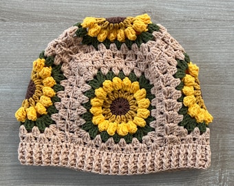 Sunflower Crochet Beanie: Tan Granny Square Knit Hat