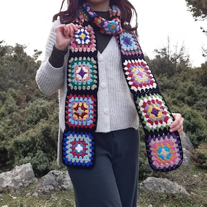 colorful granny square scarf,  afghan scarf, crochet colorful scarf, boho scarf, vintage scarf, crochet muffler, knit scarf, gifts for her