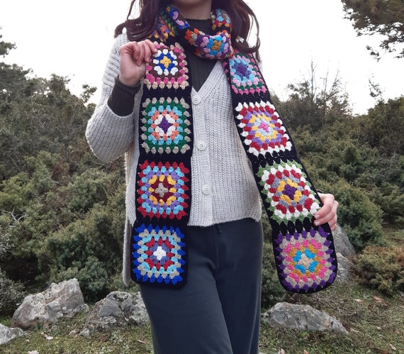 Handknit Colorful Patchwork Scarf, Granny Square Oversize