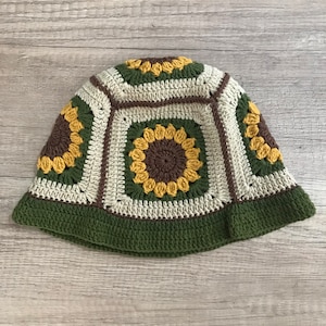 crochet sunflower bucket hat, beige green sunflower hat, handknit beige green bucket hat cotton, toddler child adult options