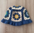 Handknit Blue Crochet Bucket Hat: Floral Granny Square Pattern