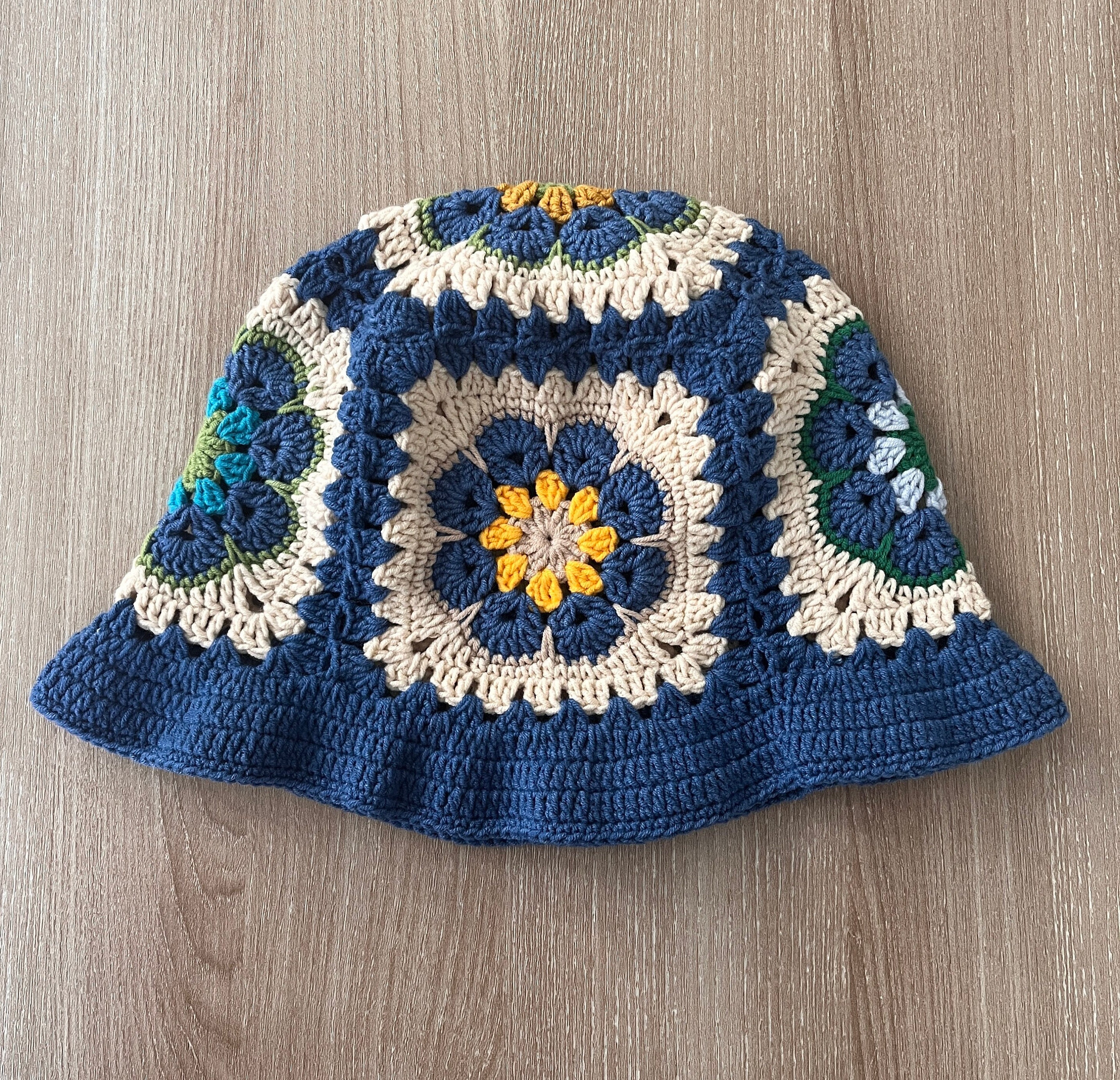 Wyeth Crochet Straw Bucket Hat Granny Squares Blue Multi How to Crochet Granny Square Bucket Hat | Easy Scrap Yarn  main image 2