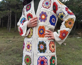 Crochet Granny Square Afghan Cardigan: Boho Patchwork Knit Jacket