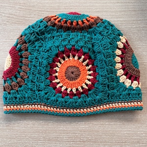 Handmade Granny Square Crochet Beanie: Cotton Blend Winter Hat