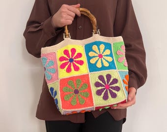 Handmade Crochet Granny Square Bag: Floral Patchwork with Bamboo Handle