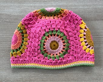 Handmade Crochet Pink Beanie: Granny Square Circle Pattern Cotton Winter Hat