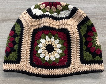 Handknit Cotton Patchwork Beanie: Crochet Granny Square Design