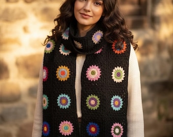 Hand-Crocheted Granny Square Scarf – Cotton Blend Retro Starburst Design