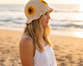 Handmade Crochet Sunflower Bucket Hat: Beige Green Cotton Blend
