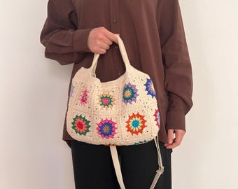 Handmade Crochet Granny Square Bag: Retro Floral Patchwork Tote