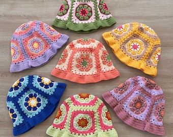 Handmade Crochet Floral Bucket Hat: Boho Granny Square Cotton Knit