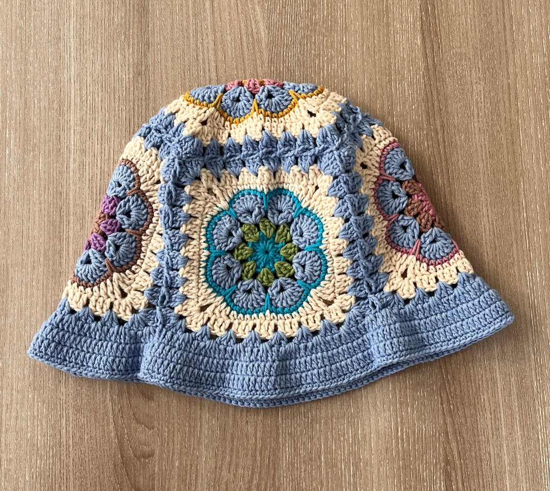 Handknit Crochet Bucket Hat: Blue Floral Patchwork Cotton - Etsy display picture 1