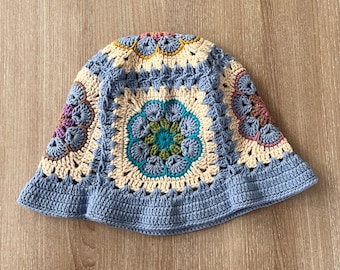 Handknit Crochet Bucket Hat: Blue Floral Patchwork Cotton