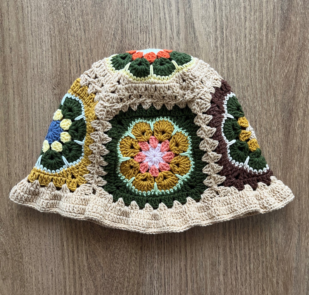 Crochet Bucket Hat, Green Brown Tan Yellow Flower Granny