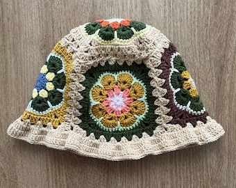 crochet bucket hat, green brown tan yellow flower granny square bucket hat, handknit hat cotton, unisex unique boho hat, patchwork hat