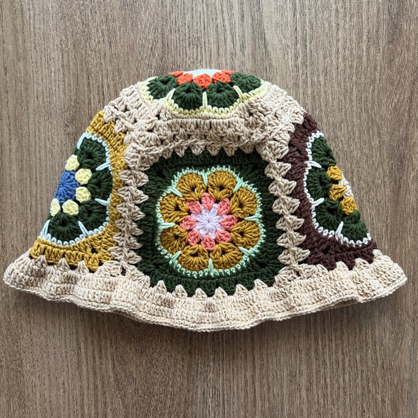 Handknit Granny Square Crochet Bucket Hat, Boho Patchwork Cotton
