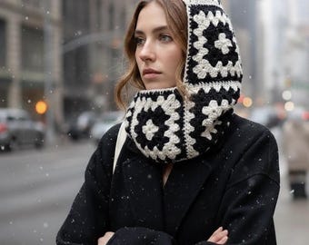 Handmade Granny Square Crochet Balaclava: Retro Knit Hoodie Black White