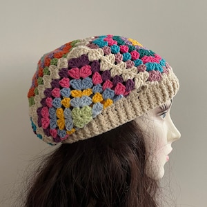 Handmade Granny Square Crochet Beanie: Colorful Slouchy Winter Hat