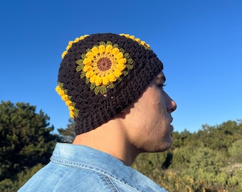 Black Crochet Sunflower Beanie: Handknit Granny Square Fall Hat