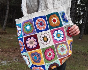 Crochet Afghan Bag, Granny Square Tote Bag, Colorful Tote Bag,  Gift For Her, Colorful Knit Bag, Summer Tote Bag, Boho Bag, Gift For Mom