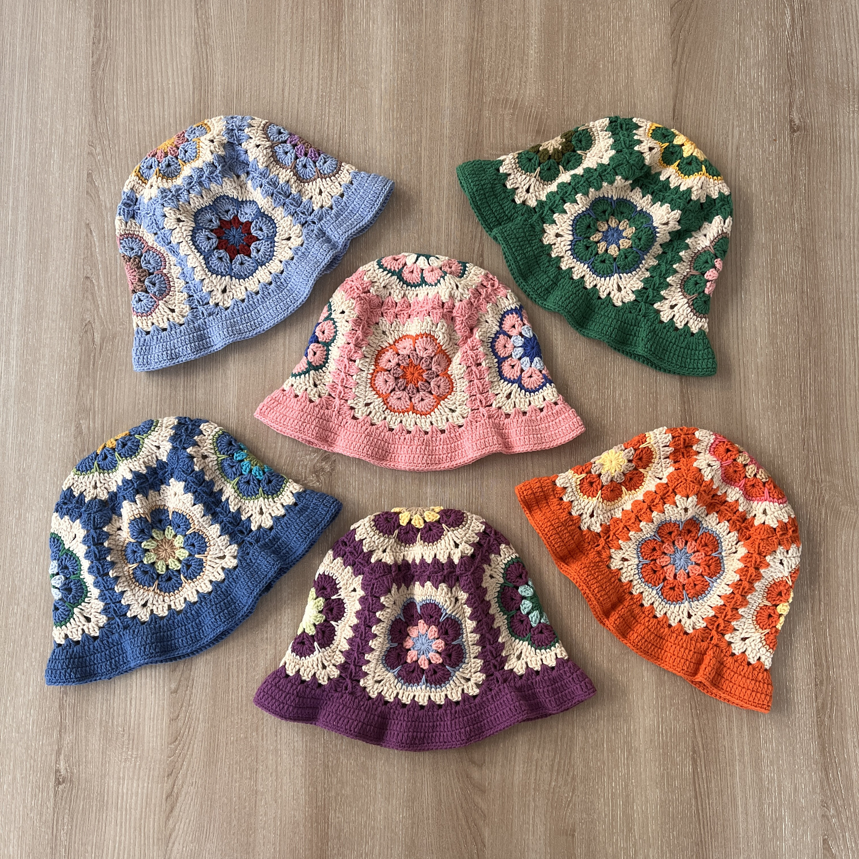 POL Granny Square Knit Bucket Hat Boho Orange Yellow Cream Blue Quick and Easy Granny Square bucket Hat - YouTube main image 2