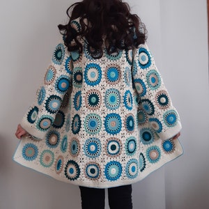 granny square afghan sweater, granny square oversize cardigan, crochet coat, patchwork cardigan, boho cardigan, blue and beige clothing