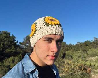 Handmade Sunflower Granny Square Crochet Beanie: Unisex Fall Winter Hat
