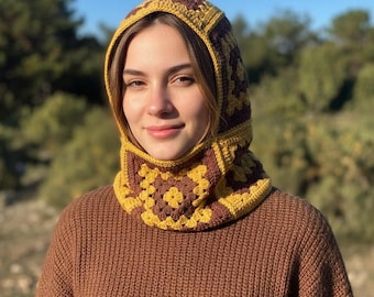 Handmade Granny Square Crochet Balaclava: Retro Y2K Knit Hoodie