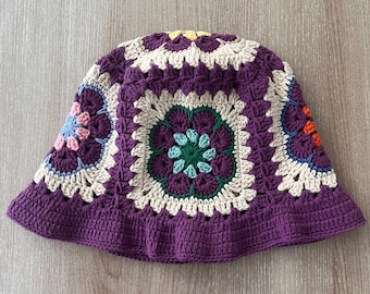 Handknit Purple Crochet Bucket Hat: Floral Granny Square Boho Style