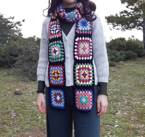 Colorful Granny Square Scarf, Afghan Scarf, Crochet Colorful