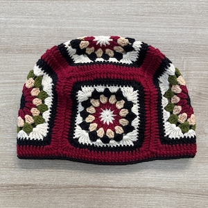 Handknit Cotton Patchwork Beanie: Burgundy Granny Square Crochet Hat
