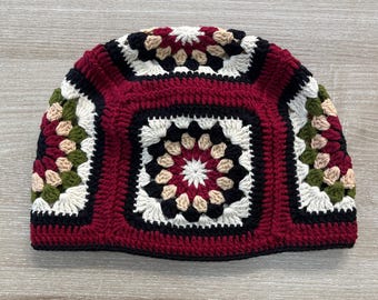 Handknit Cotton Patchwork Beanie: Burgundy Granny Square Crochet Hat