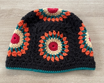 Crochet Granny Square Beanie: Black & Orange Cotton Beret