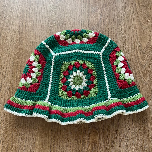 green red crochet bucket hat, crochet christmas hat, red green granny square hat, new year hat, four season wearable cotton bucket hat