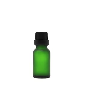 May include: A small, green glass bottle with a black cap. The bottle has a matte finish and is empty. The cap is made of black plastic. The bottle is likely for essential oils or other liquids.
