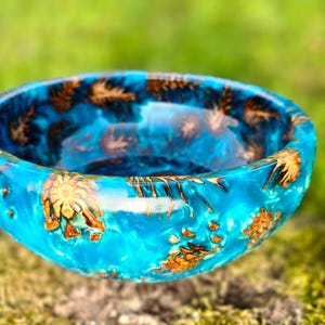 Handcrafted Blue Epoxy Resin Bowl with Pine Cones, (8.7 inch X 3.2 inch) Wooden Fruits Bowl, Handmade Wooden Dip Bowl, Round Vegetable Bowl