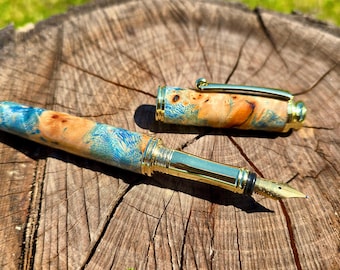 Pluma estilográfica de nudo de álamo azul estabilizado: pluma de lujo hecha a mano, regalo para escritores