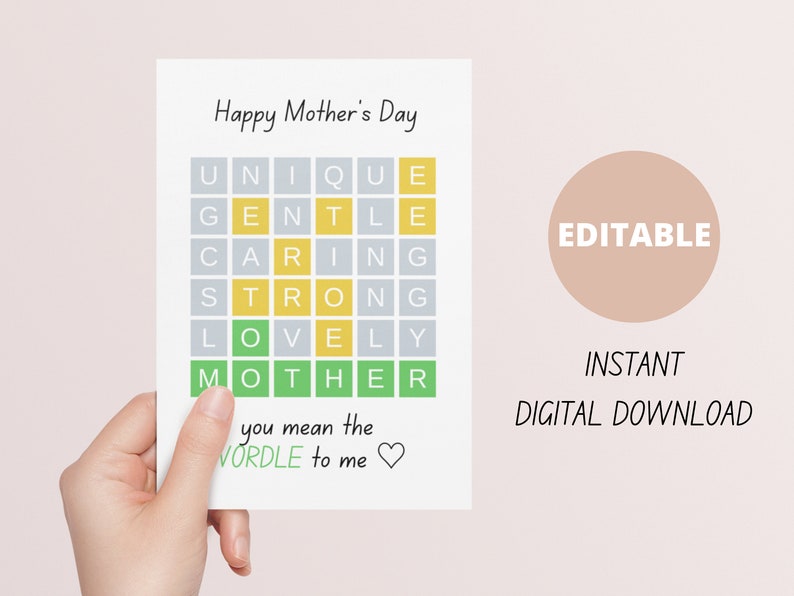 Wordle Themed Mothers Day Card, Editable Custom Mothers Day Card -  DIGITAL DOWNLOAD 