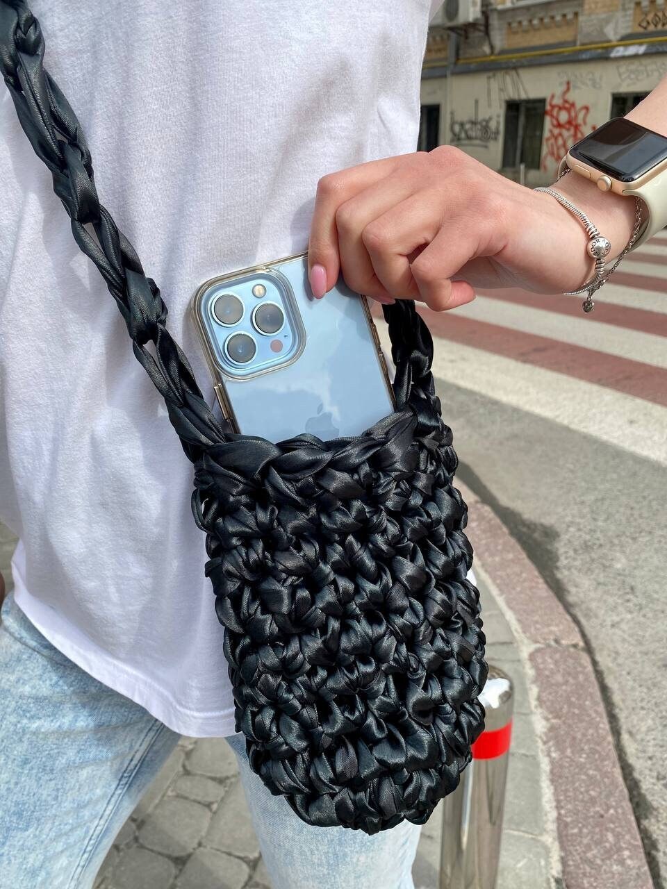 Black Satin Crochet Phone Bag Case for Phone Phone Shoulder Etsy