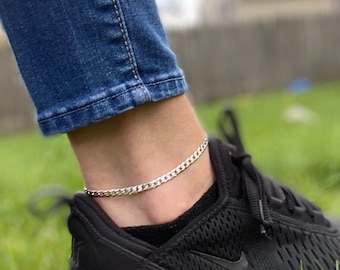 Sterling Silver Flat Curb Chain Anklet 9”+ 1” Ext- 4.3 mm, Silver Anklet, Sterling Silver Jewelry, Ankle Bracelet,Ankle Chain,Ankle Jewelry