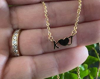 personalized gold Initial heart necklace, dainty gold jewelry for women, couples jewelry, couples gift, anniversary gift for wife, GIHI1733