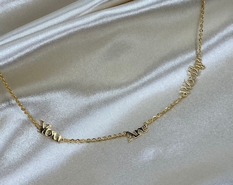 gold “You Are Worthy” 3 name necklace, quote necklaces for women, mantra jewelry, wife gift birthday, unique birthday gift for a best friend