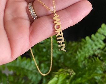 gold 14K “WORTHY" necklace, gold statement necklaces for women, mantra necklace, gold jewelry personalized, mothers day gift from daughter